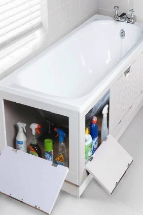  Badschermen met planken voor de opslag van huishoudelijke chemicaliën: ontwerpkenmerken en installatiemethoden