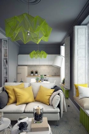  Design e design della cucina-soggiorno di 17 metri quadrati. m