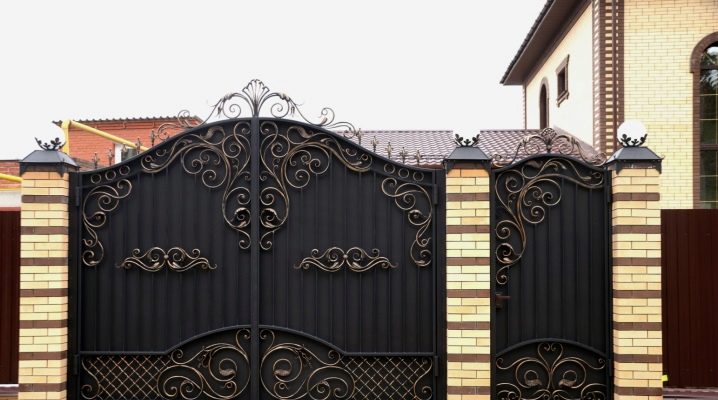  Gates made of corrugated with forging elements: beautiful design ideas