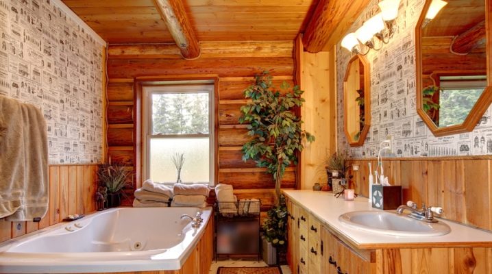  Phòng tắm trong một ngôi nhà bằng gỗ: các giải pháp thiết kế thú vị