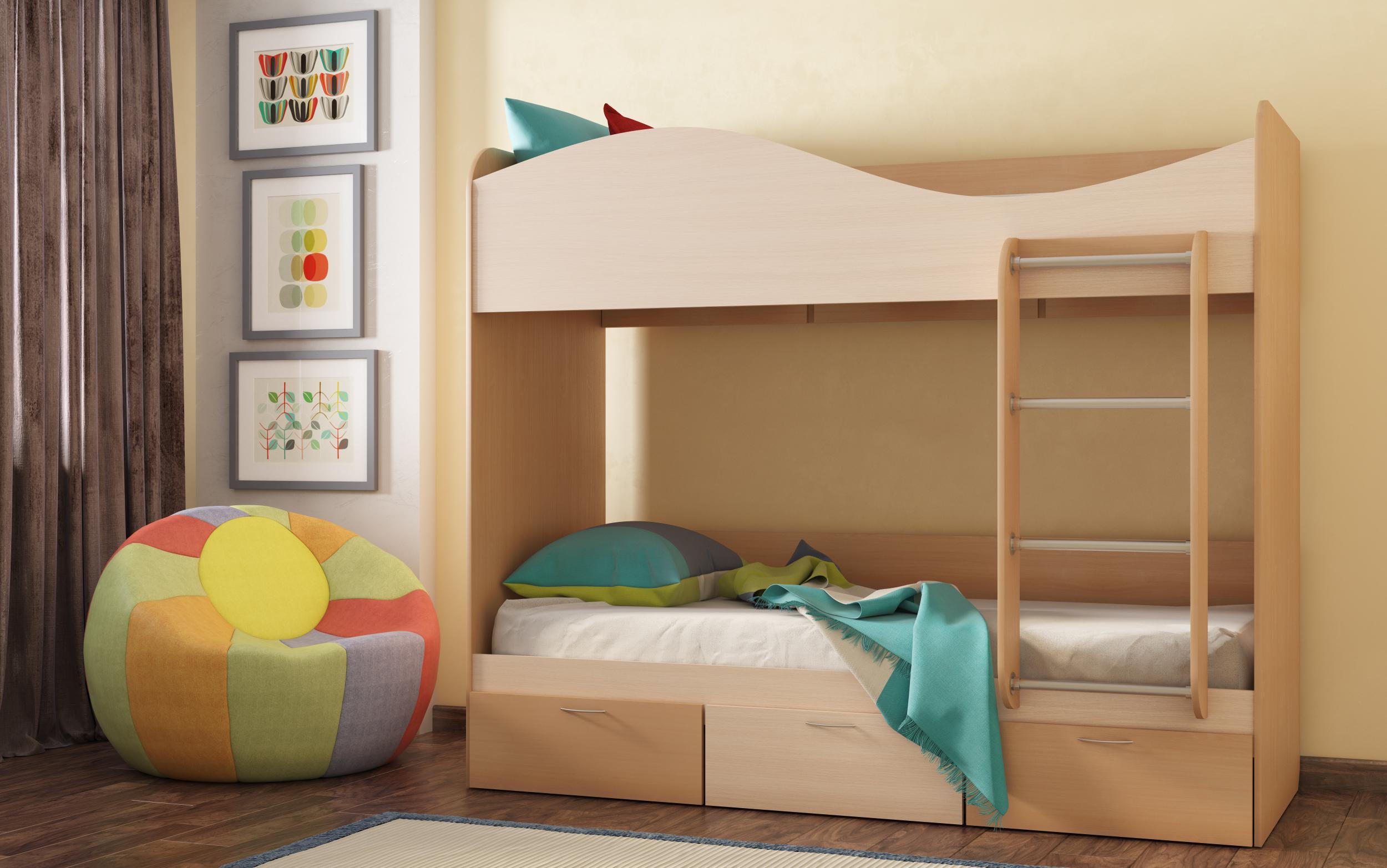 A double deck bed utilizing vertical space with drawers